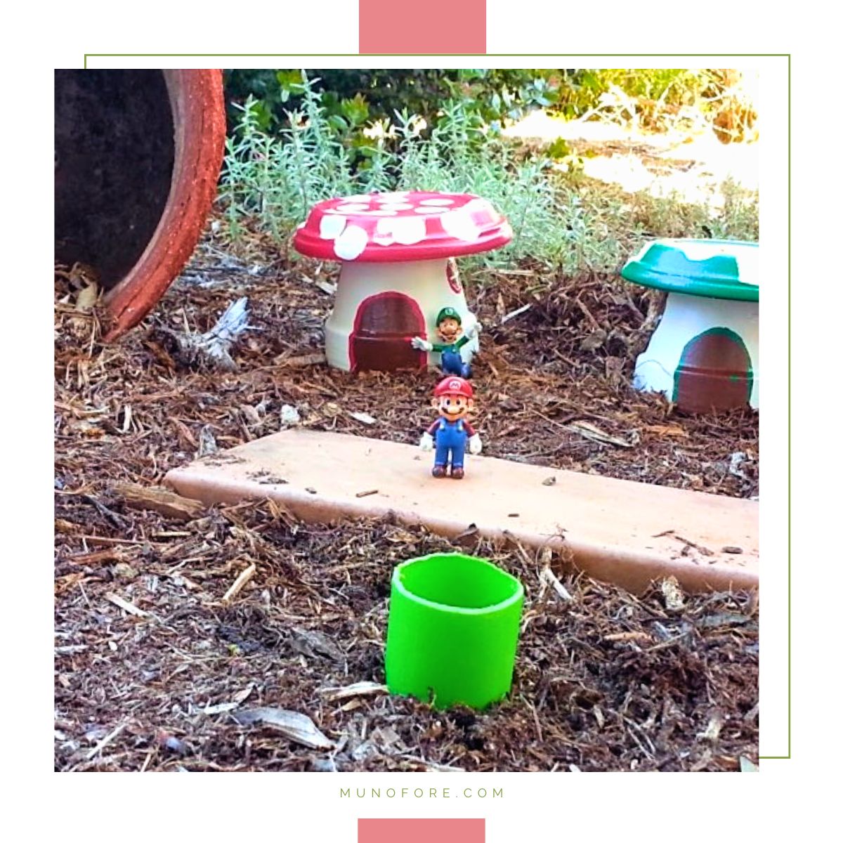Homemade Fairy Garden with Toad house with Mario and Luigi figures