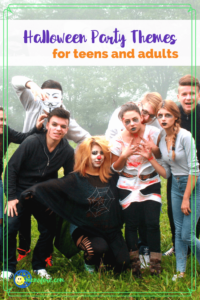 group of teens dressed as zombies with text "Halloween Party themes for teens and adults"