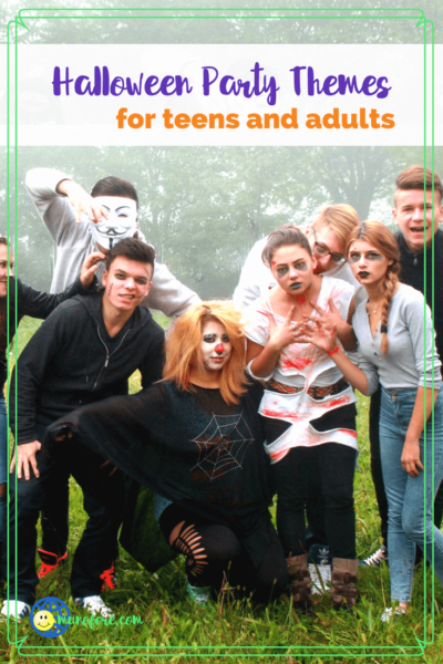 group of teens dressed as zombies with text "Halloween Party themes for teens and adults" 