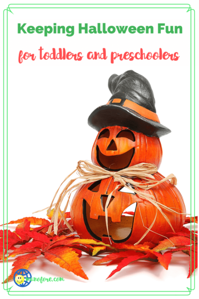 stacked jack o lanterns with text overlay "Keep Halloween fun for toddlers and preschoolers.