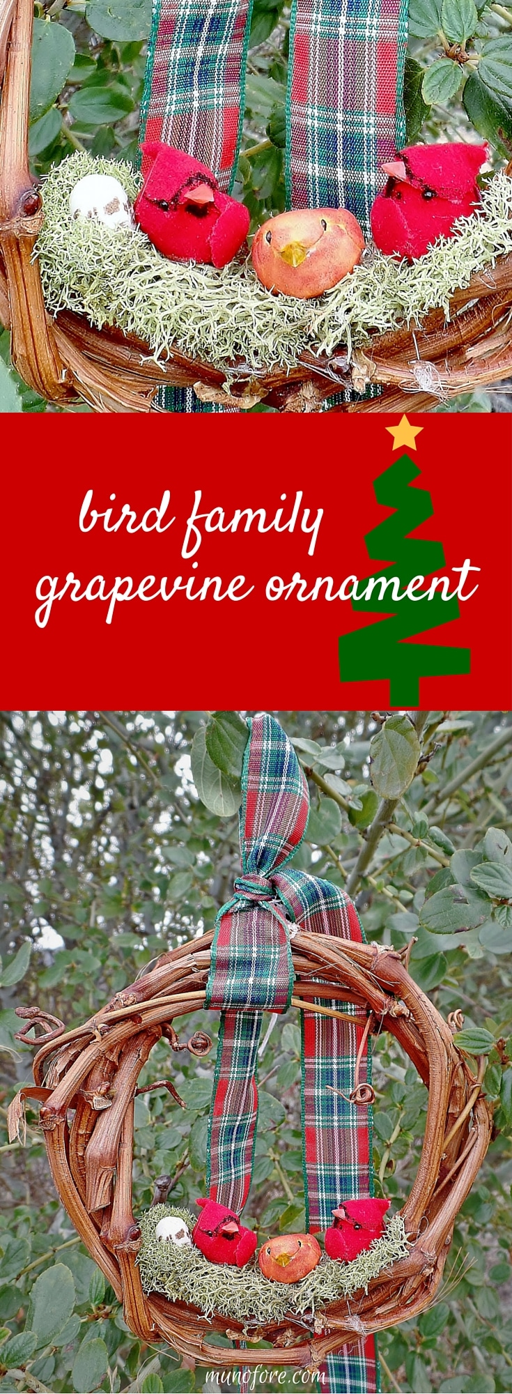bird family grapevine wreath Christmas ornament