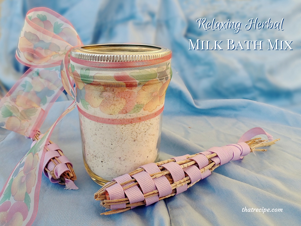 Gifts in a Jar - Relaxing Herbal Milk Bath Mix. Powdered milk and Epsom salts combined with herbs or even dried herbal tea make a soothing bath mix.