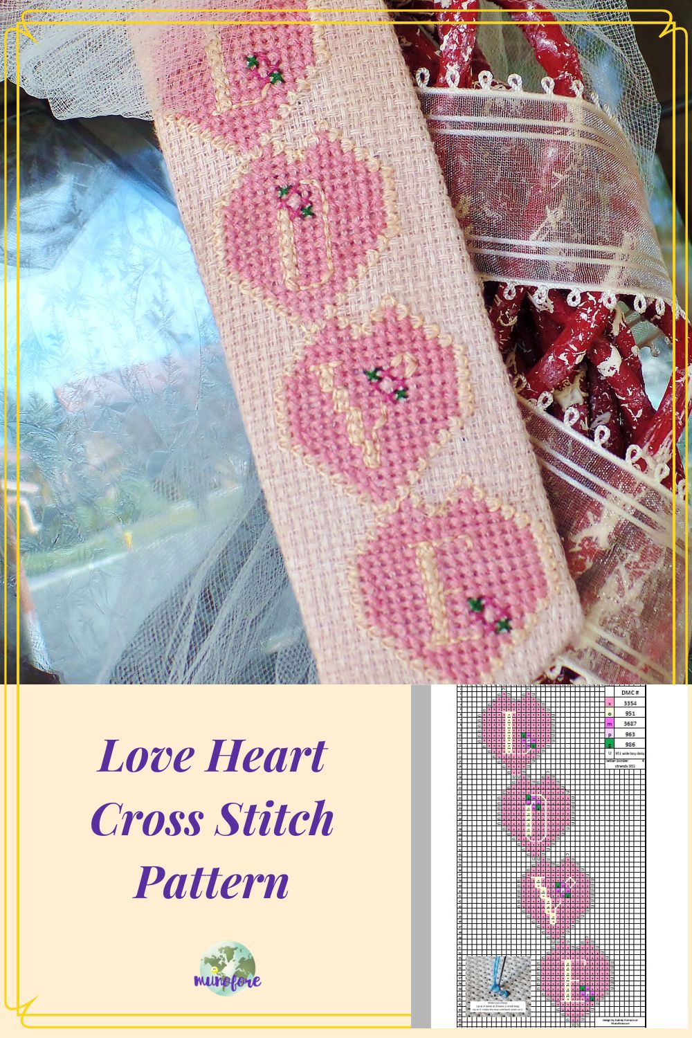 Love Heart Cross Stitch Pattern - free printable cross stitch pattern of hearts spelling the word LOVE.
