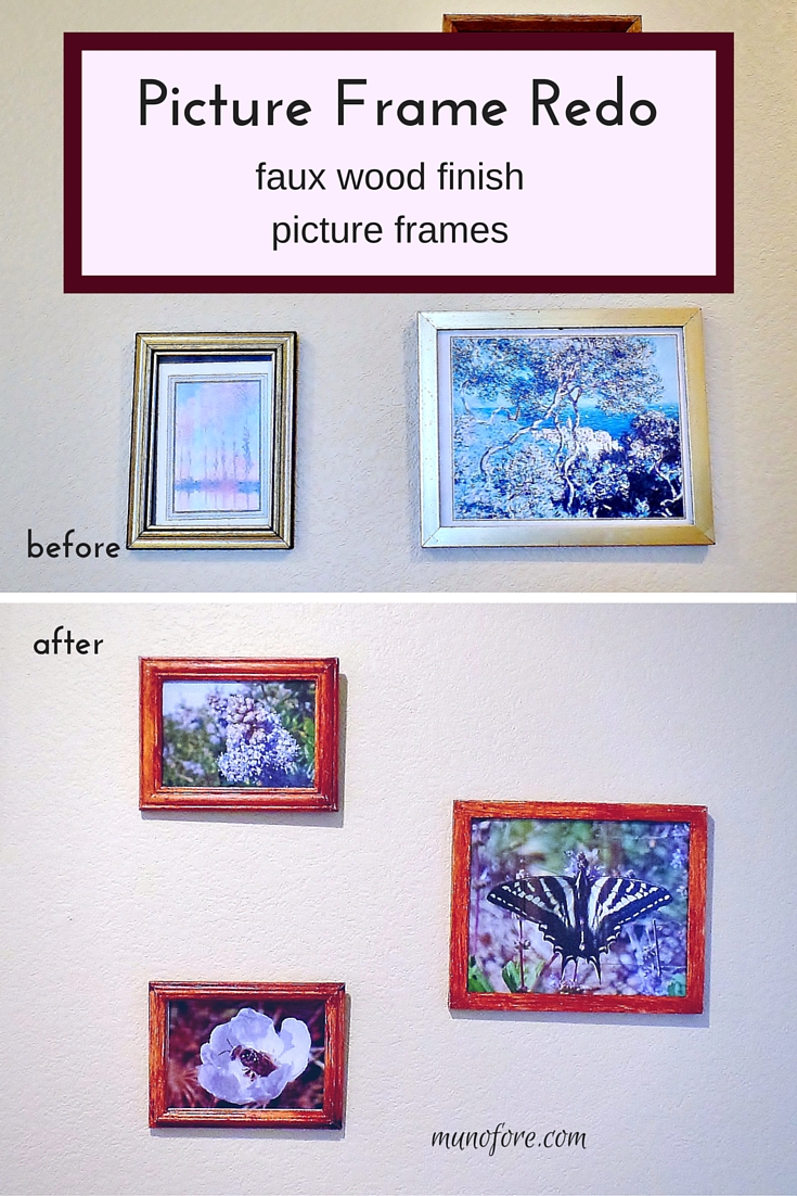 Picture Frames Redo - from gold to faux wood. Simple and cheap picture frame redo.