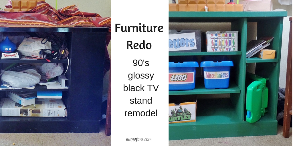 Furniture refinish - glossy black TV stand remodel to a chalky paint finish toy shelf.
