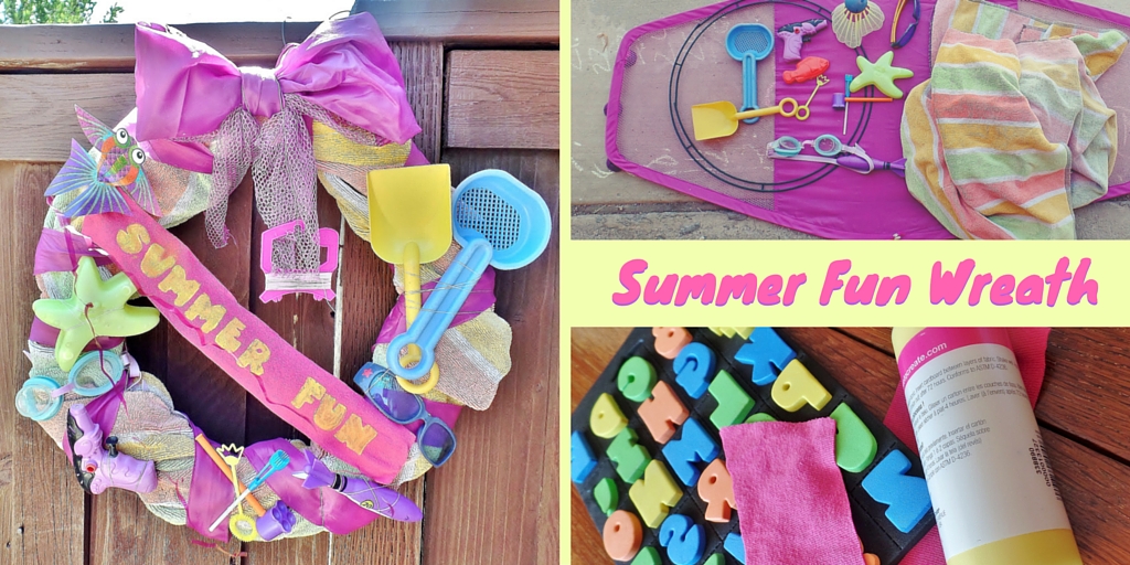Summer Fun Beach Towel Wreath - Upcycle a beach towel and old summer toys into a fun summer themed wreath.