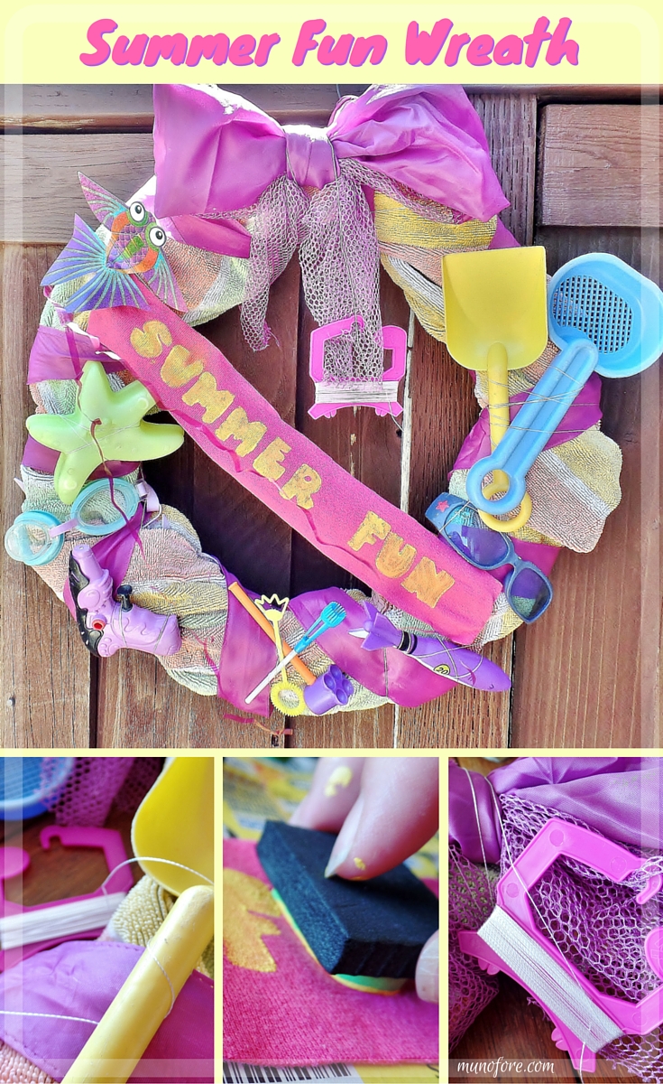 Summer Fun Beach Towel Wreath - Upcycle a beach towel and old summer toys into a fun summer themed wreath.