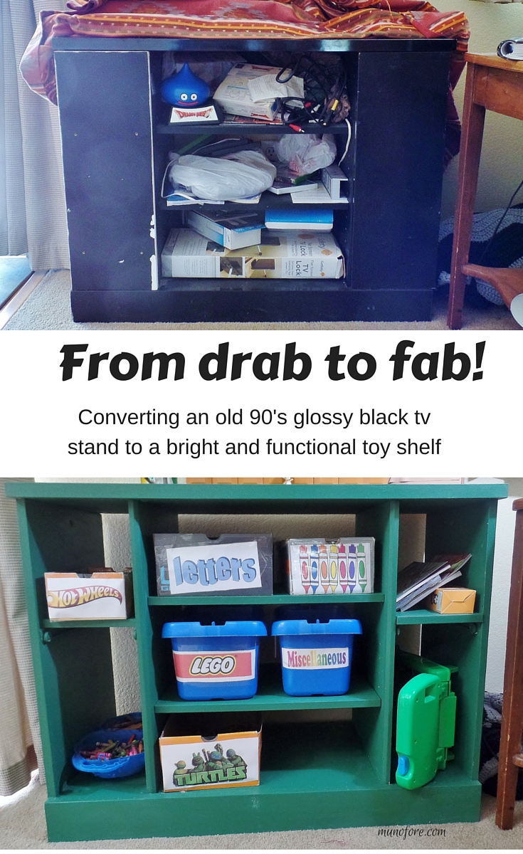 Furniture refinish - glossy black TV stand to a chalky paint finish toy shelf.