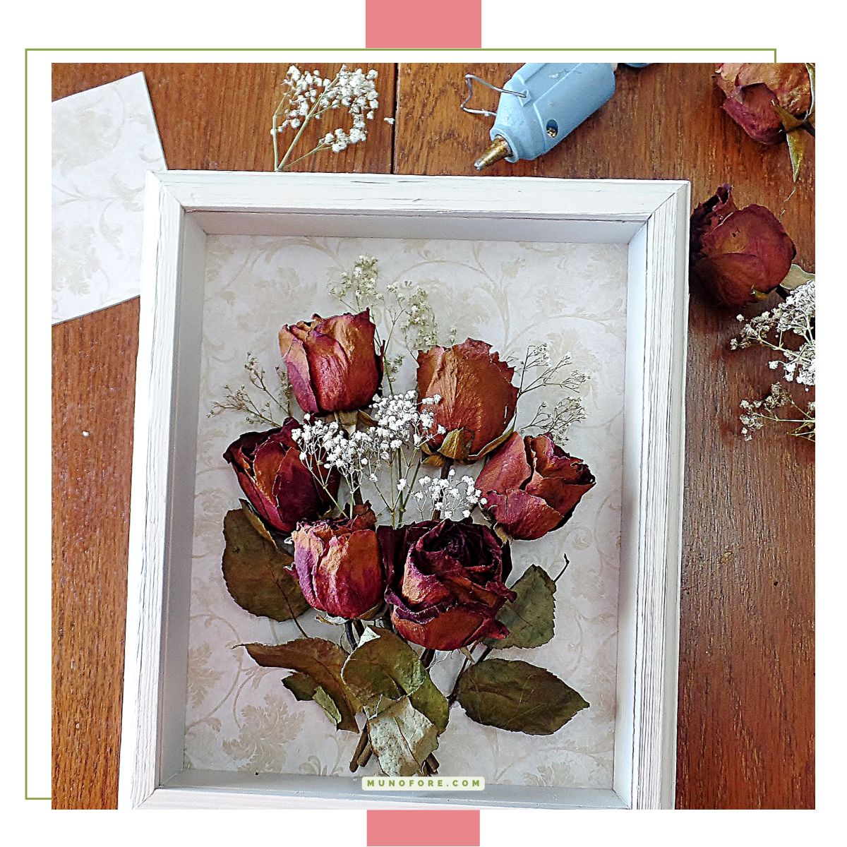 top down view of dried rose shadow box