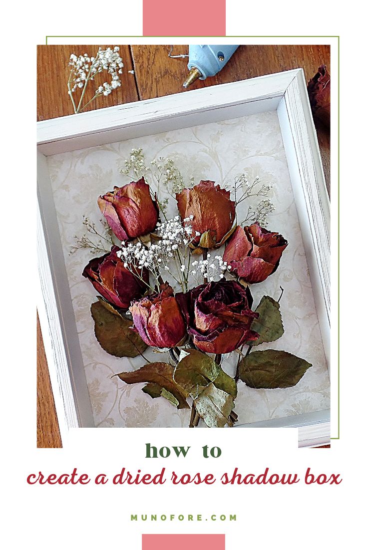 top down view of dried rose shadow box