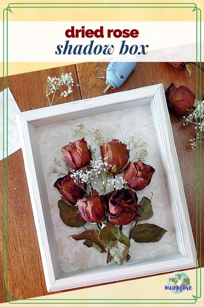 top down view of dried rose shadow box