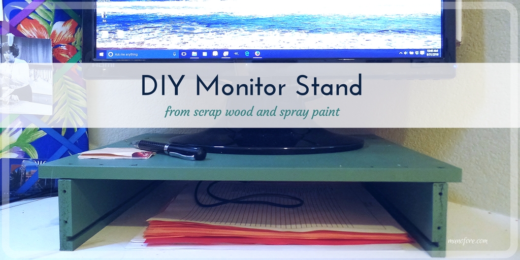 computer monitor on a DIY monitor stand made from scrap wood