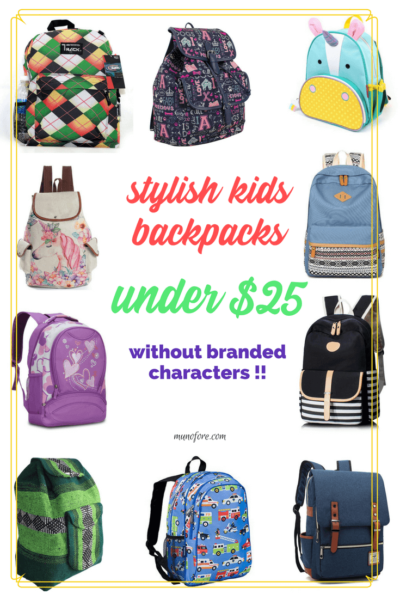 collage of backpacks with text "stylish kids backpacks under $25 without branded characters"