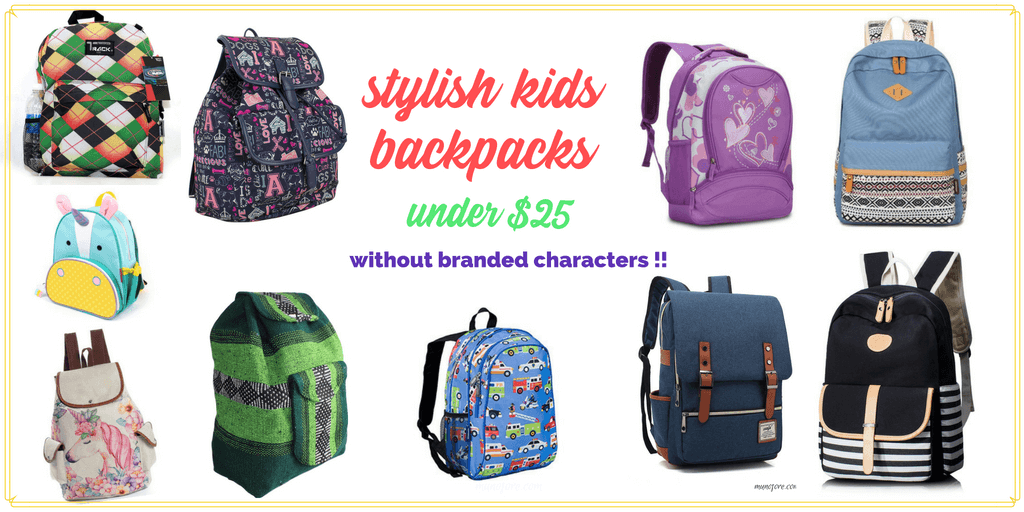 collage of backpacks with text "stylish kids backpacks under $25 without branded characters"