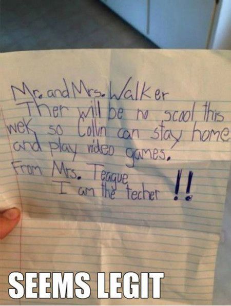 Nine Funny Letters Forged by Kids - parenting humor, teaching humor