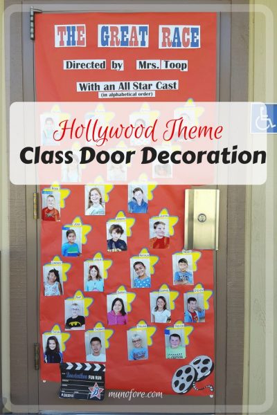 Hollywood Themed Classroom Door Decoration for Boosterthon Fun Run. Movie theme door decoration.