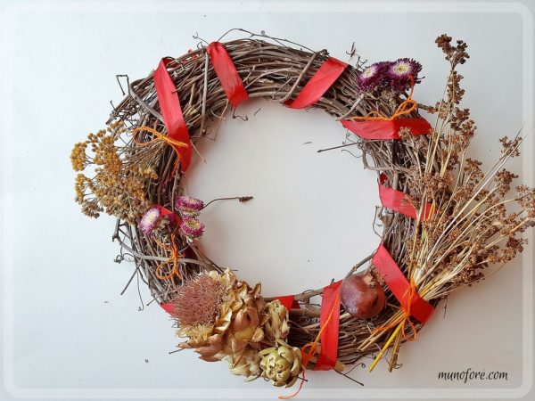 Autumn's Beauty Wreath: Using seed pods and dried flowers and fruit to create a fall door wreath. Autumn Door Wreath. California Native Plants.