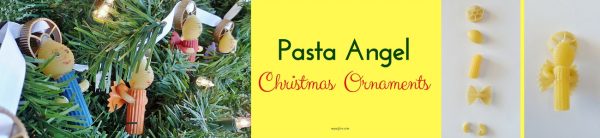 Pasta Angels: christmas ornaments made with uncooked pasta. Use as a tree decoration or on Christmas presents. Kids craft.