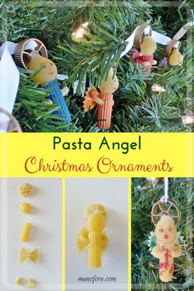Pasta Angels: christmas ornaments made with uncooked pasta. Use as a tree decoration or on Christmas presents. Kids craft.