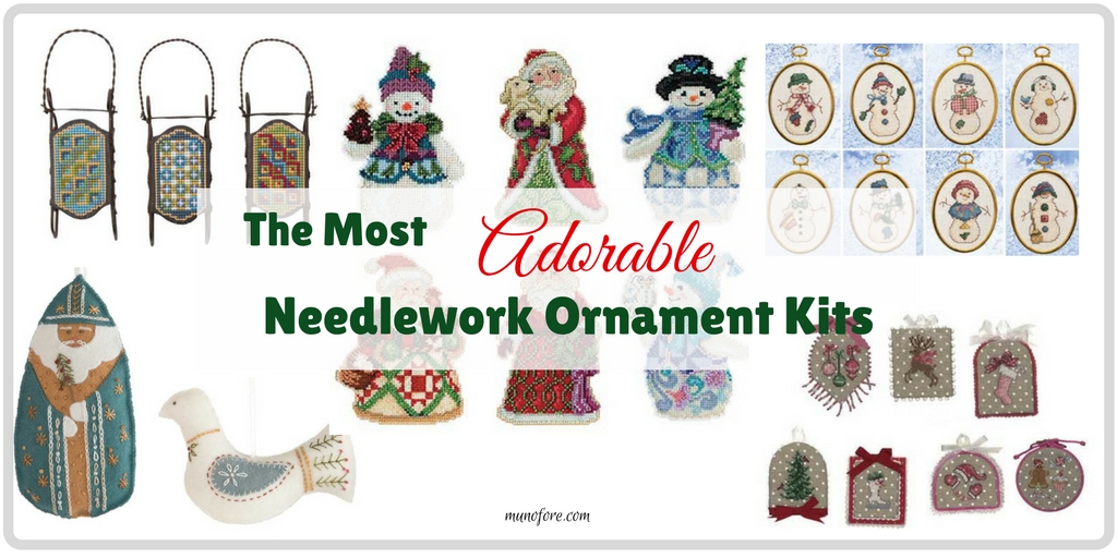 Adorable Needlework Ornament Kits to easily create homemade keepsake Christmas ornaments. Crossstitch. Embroidery.
