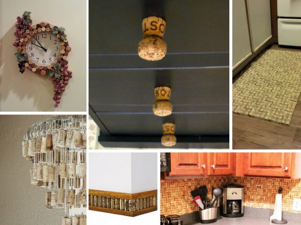 20 Creative and Useful Cork Crafts for Your Kitchen including magnets, coasters, backsplash, baseboards and a chandelier. 