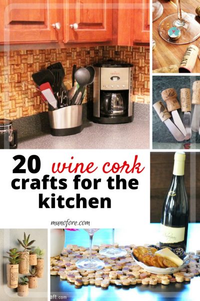 20 Creative and Useful Cork Crafts for Your Kitchen including magnets, coasters, backsplash, baseboards and a chandelier. 