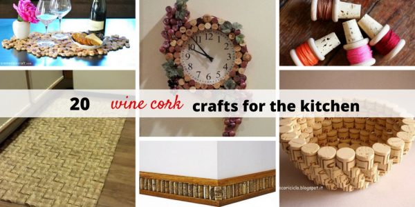 20 Creative and Useful Cork Crafts for Your Kitchen including magnets, coasters, backsplash, baseboards and a chandelier.