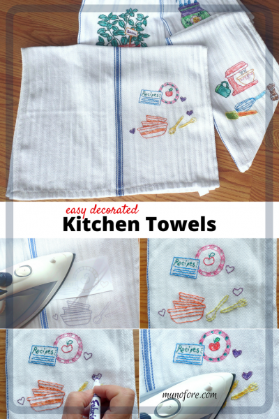 Easy decorated kitchen towels. Hand sewn and colored kitchen towels. Homemade gifts.