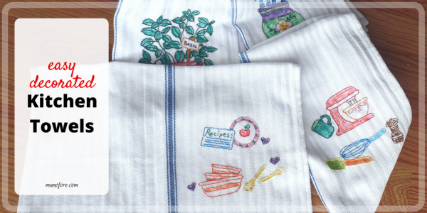 Easy decorated kitchen towels. Hand sewn and colored kitchen towels. Homemade gifts.