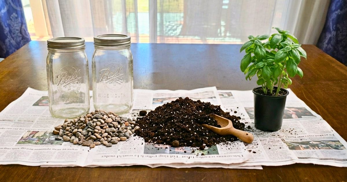 supplies for planting mason jar herbs