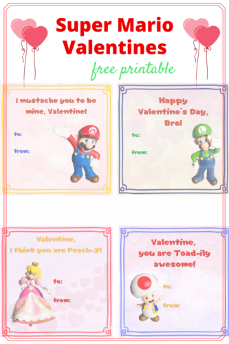 Free printable Super Mario Valentines for your Mario lover to share with his classmates on Valentines Day. 
