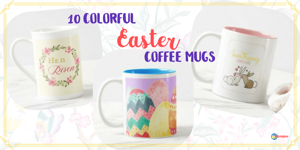 3 Easter coffee mugs with text overlay