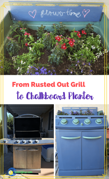 collage of an old gas grill turned into a planter