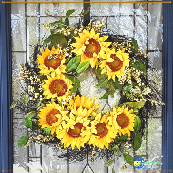 silk sunflower wreath on door