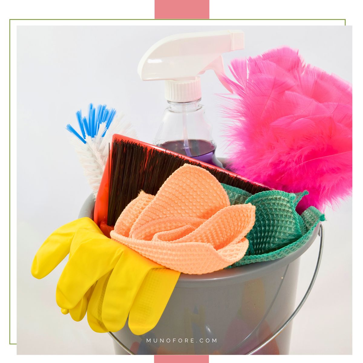 cleaning supplies in a bucket