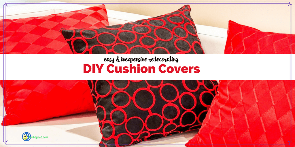 drawing of pillows on a couch with text "DIY Cushion Covers easy and inexpensive redecorating"