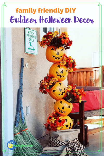 Halloween decorations on a prch with text overlay "Falimy Friendly DIY Outdoor Halloween Decor"