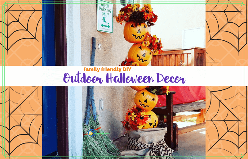 Halloween decorations on a prch with text overlay "Falimy Friendly DIY Outdoor Halloween Decor"