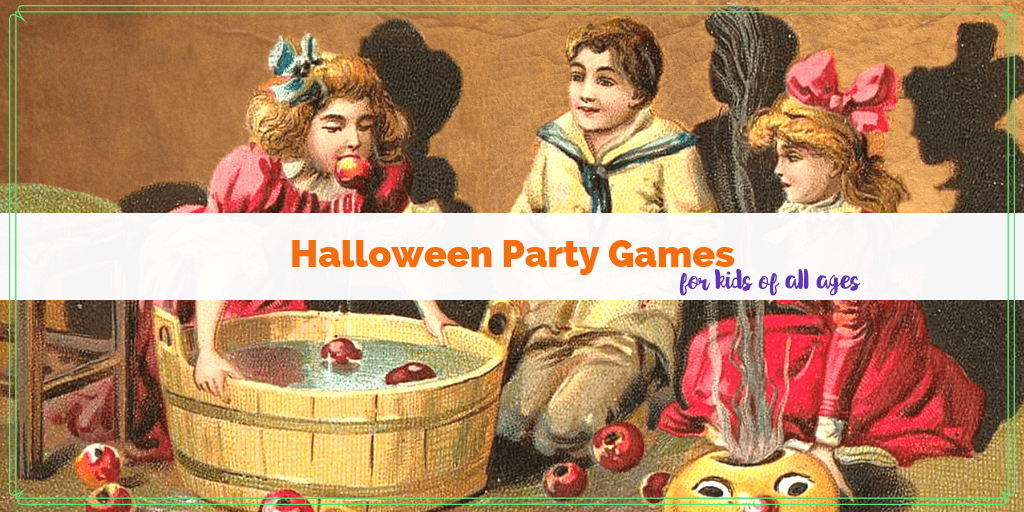 vintage drawing of girl bobbing for apples with text "Fun and frugal Halloween Party Games for Kids of all Ages"