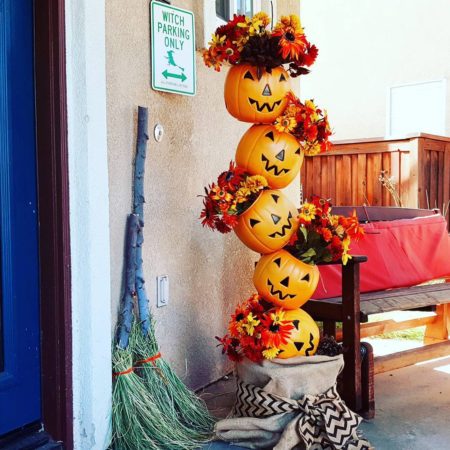 Halloween Pumpkin Totem with DIY Witches brooms