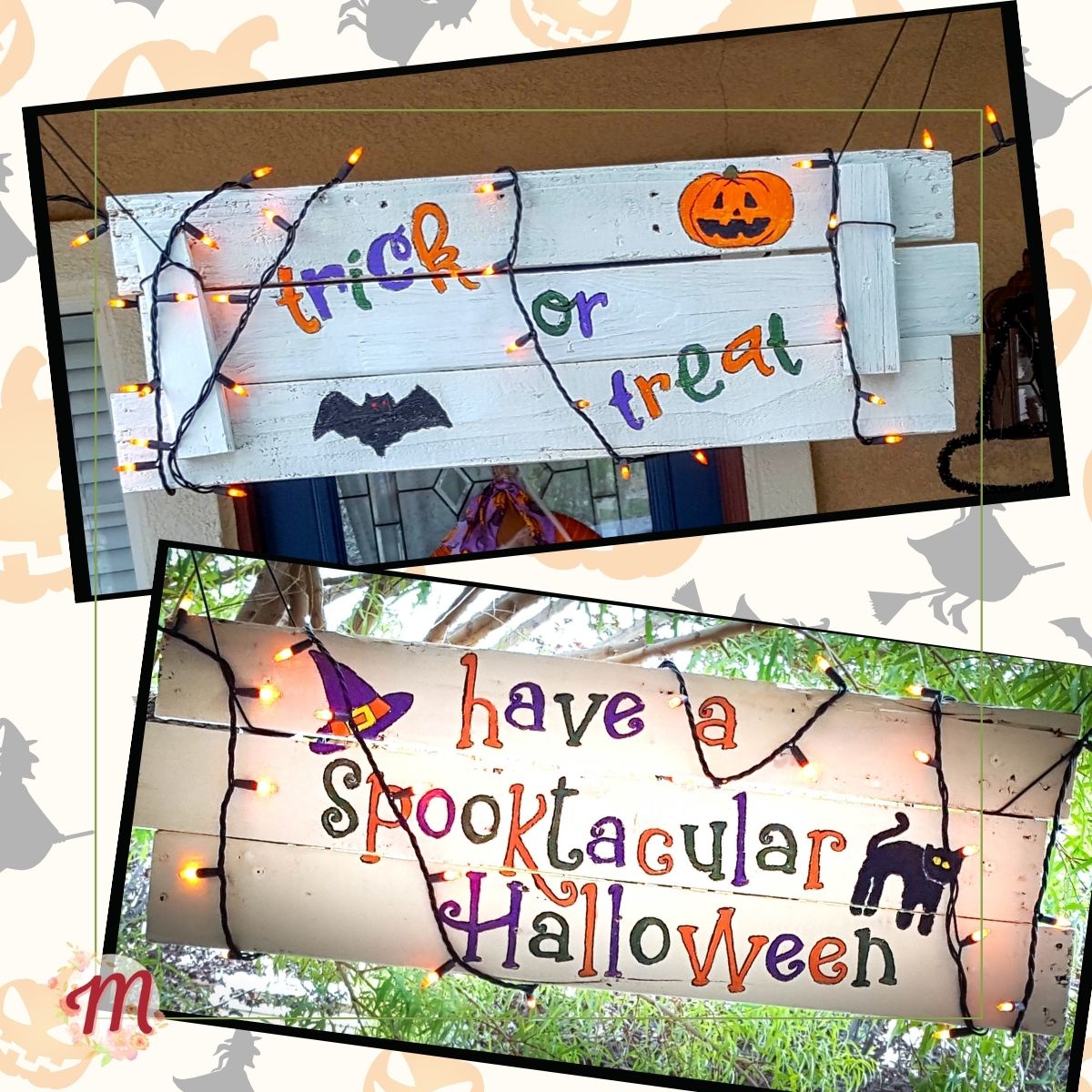 collage of front and back of a two sided Halloween sign