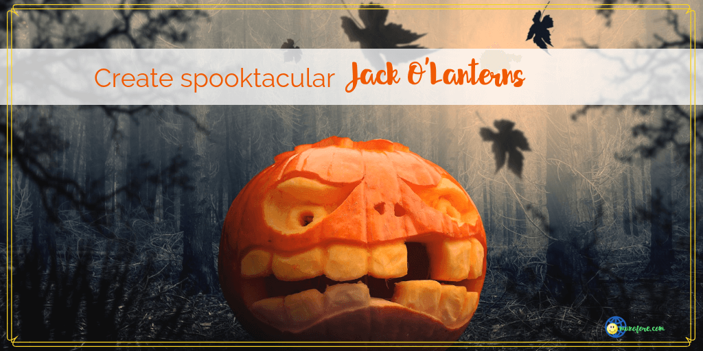close up of a jack o'lantern with text "tips and tricks for carving spooktacular jack o'lanterns"