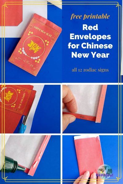 collage of red envelope making craft with text overlay "free printable red envelopes for Chinese New Year"