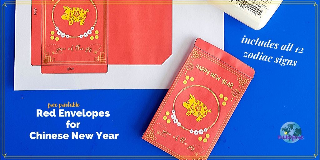 supplies for red envelope making with text overlay "free printable Red Envelopes for Chinese New Year"