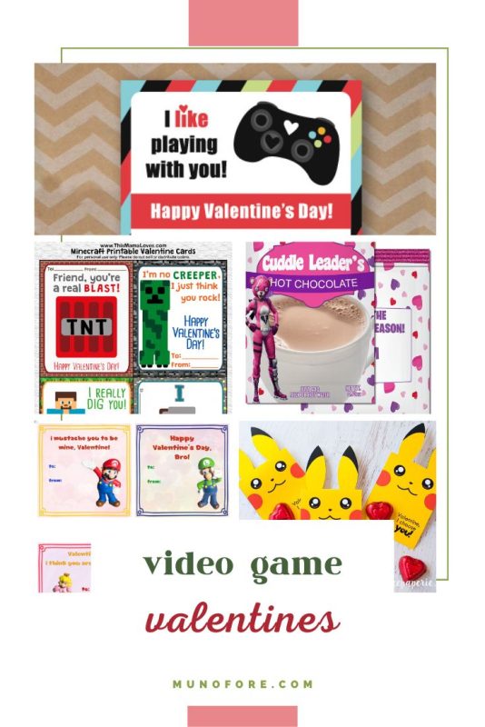 collage of video game themed Valentines with text overlay "25 free printable video game valentines"