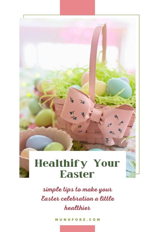 easter basket with eggs and text overlay healthify your easter: simple tips to make your Easter celebration a little healthier