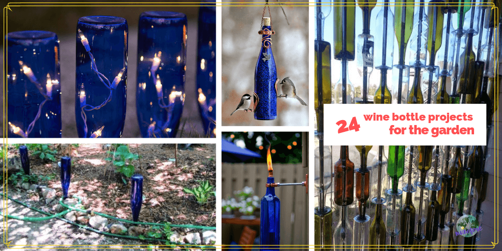 collage of wine bottle projects for the garden
