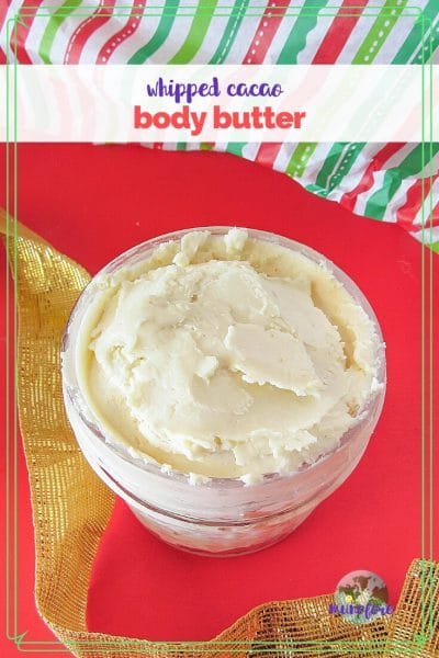 body butter in a mason jar with text overlay "easy cacao body butter"