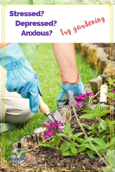 woman digging in garden with text overlay "stressed, depressed, anxious? try gardening"
