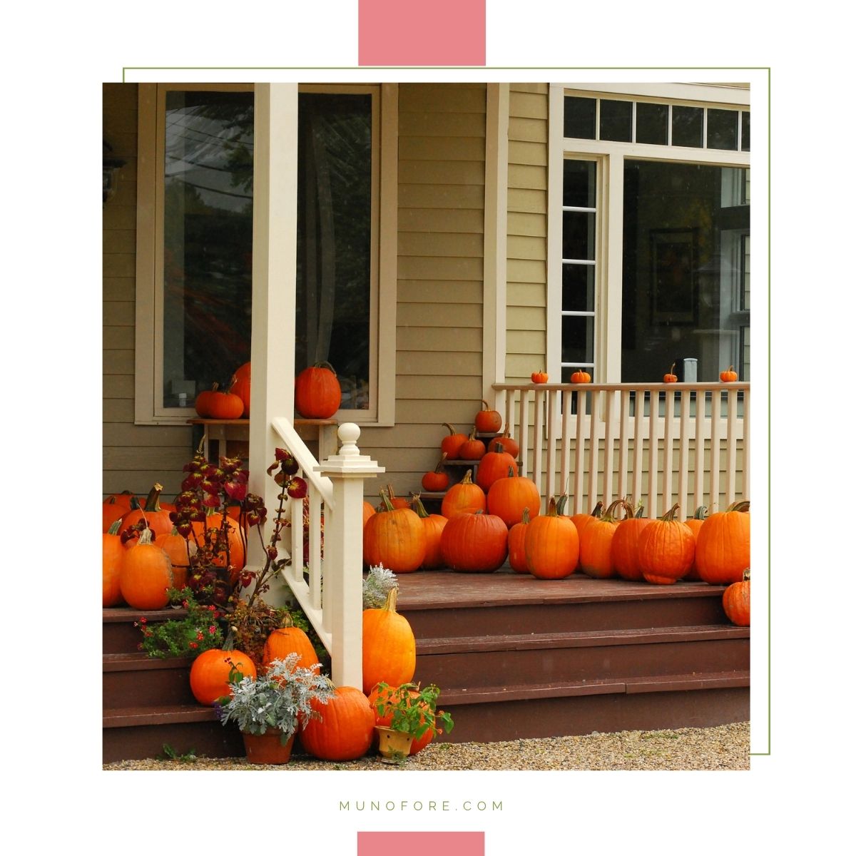front porch decorated with pumpkins